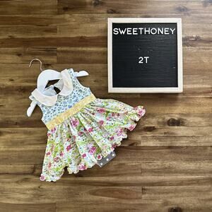 SweetHoney Belle Bubble Romper Proper Floral Sleeveless Blue Yellow Green 2T